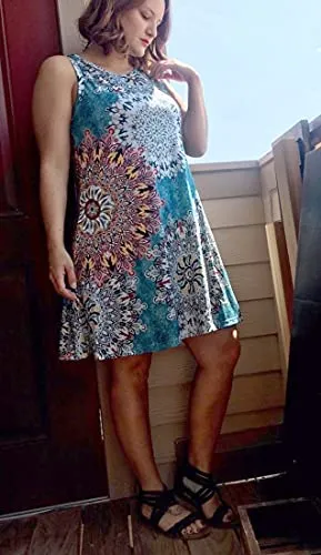 Blue Tie Dye Summer Dresses for Women Beach Floral Tshirt Sundress Sleeveless Pockets Casual Loose Tank Dress - elescat
