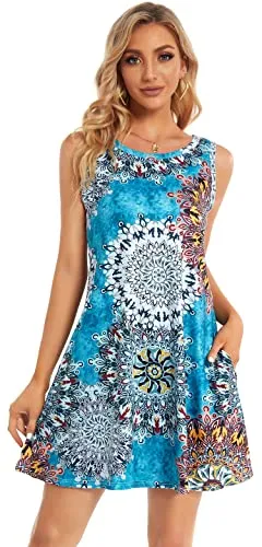 Blue Tie Dye Summer Dresses for Women Beach Floral Tshirt Sundress Sleeveless Pockets Casual Loose Tank Dress - elescat