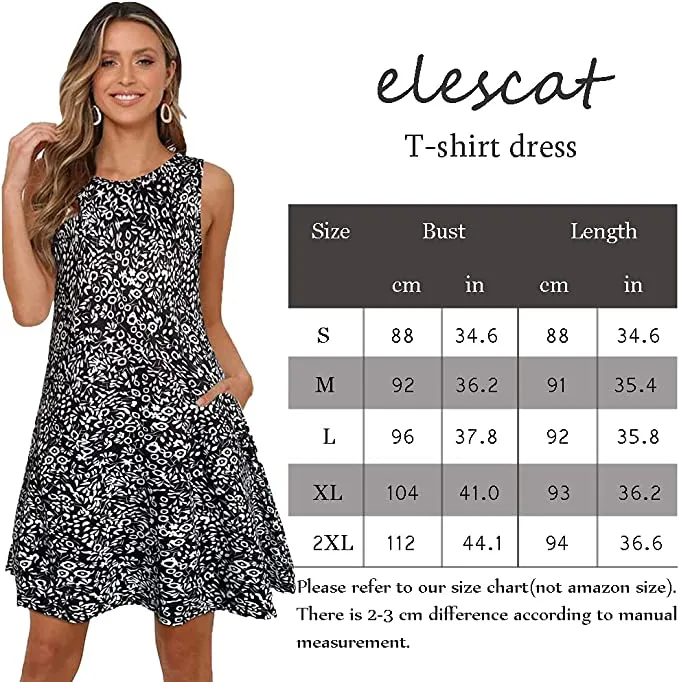 Blue Tie Dye Summer Dresses for Women Beach Floral Tshirt Sundress Sleeveless Pockets Casual Loose Tank Dress - elescat