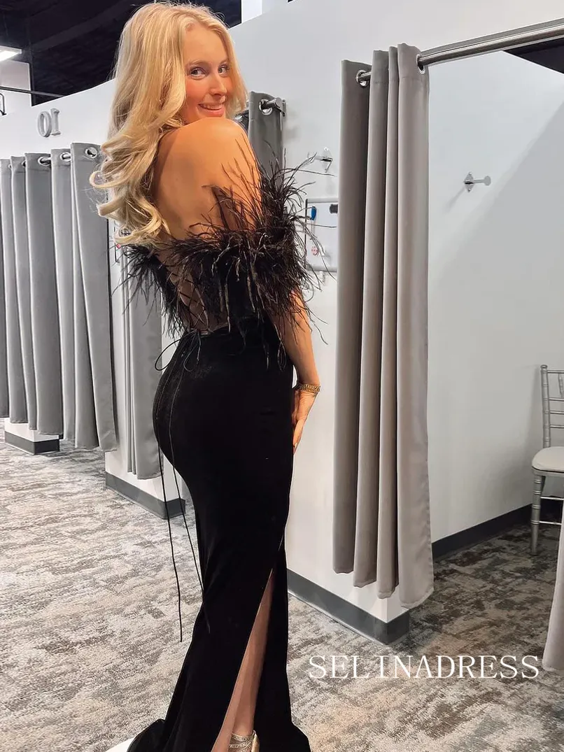 Charming Mermaid Sweetheart Black Lace Prom Dress with Feather lpk532