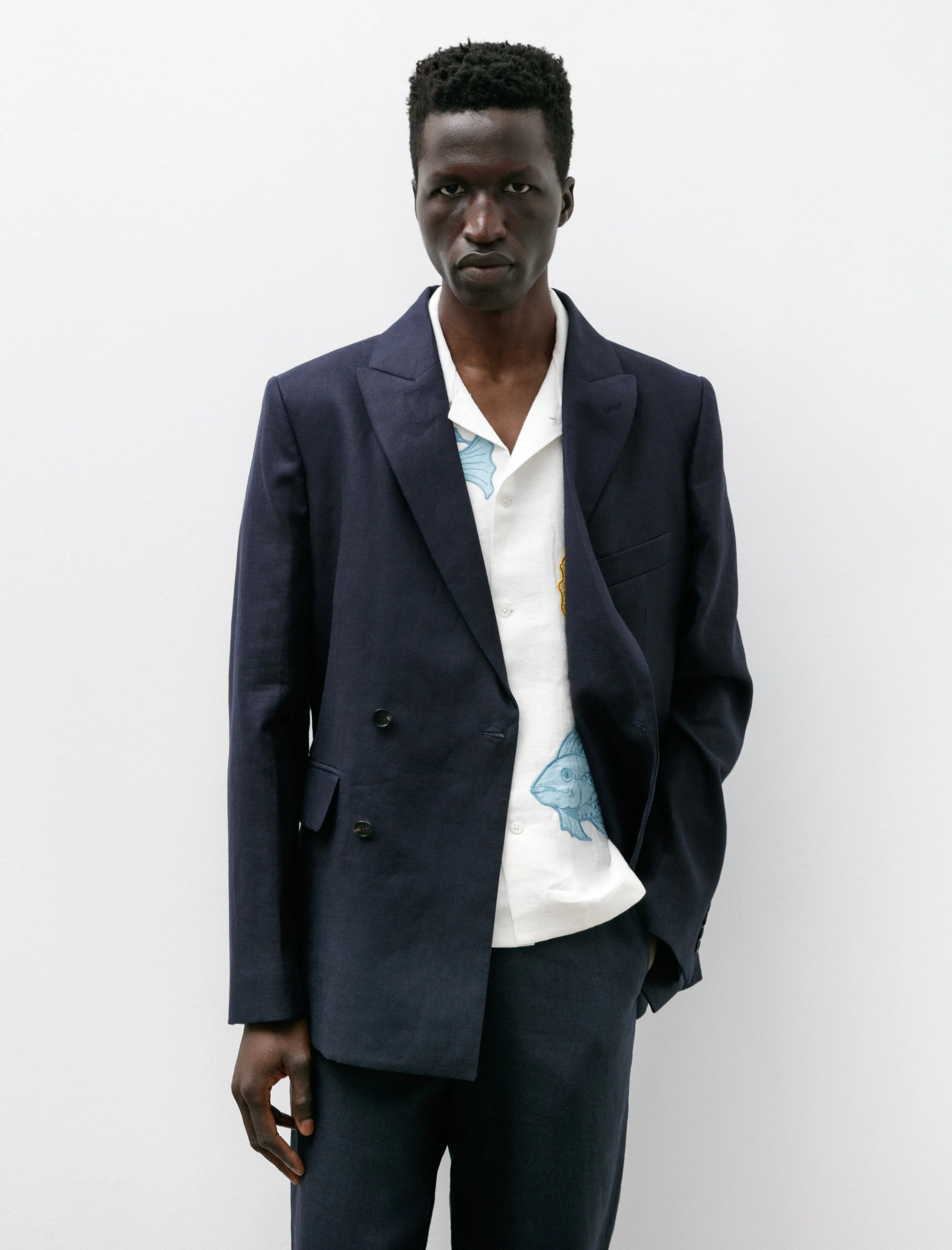 Linen Double Breasted Suit Jacket Navy