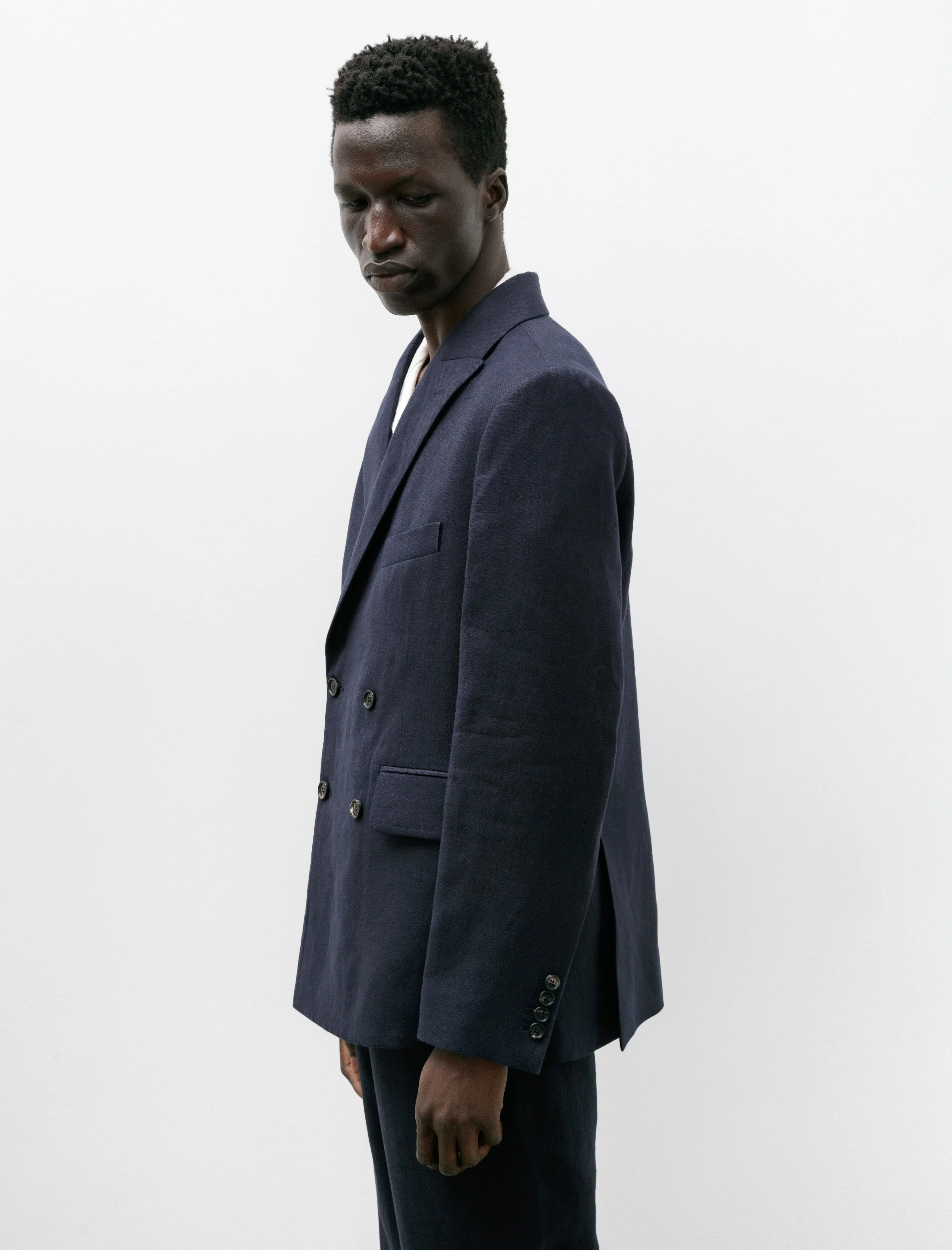 Linen Double Breasted Suit Jacket Navy