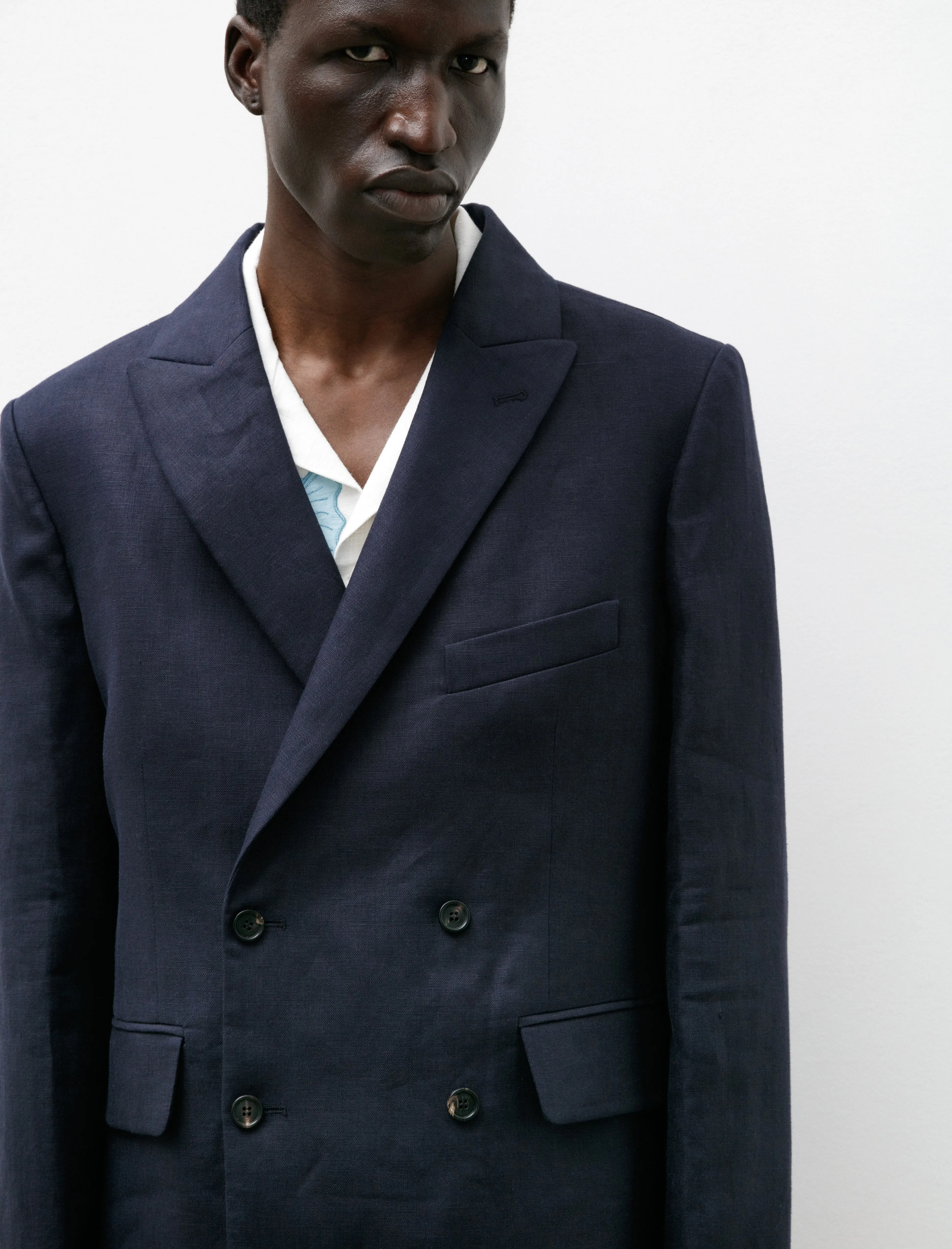 Linen Double Breasted Suit Jacket Navy