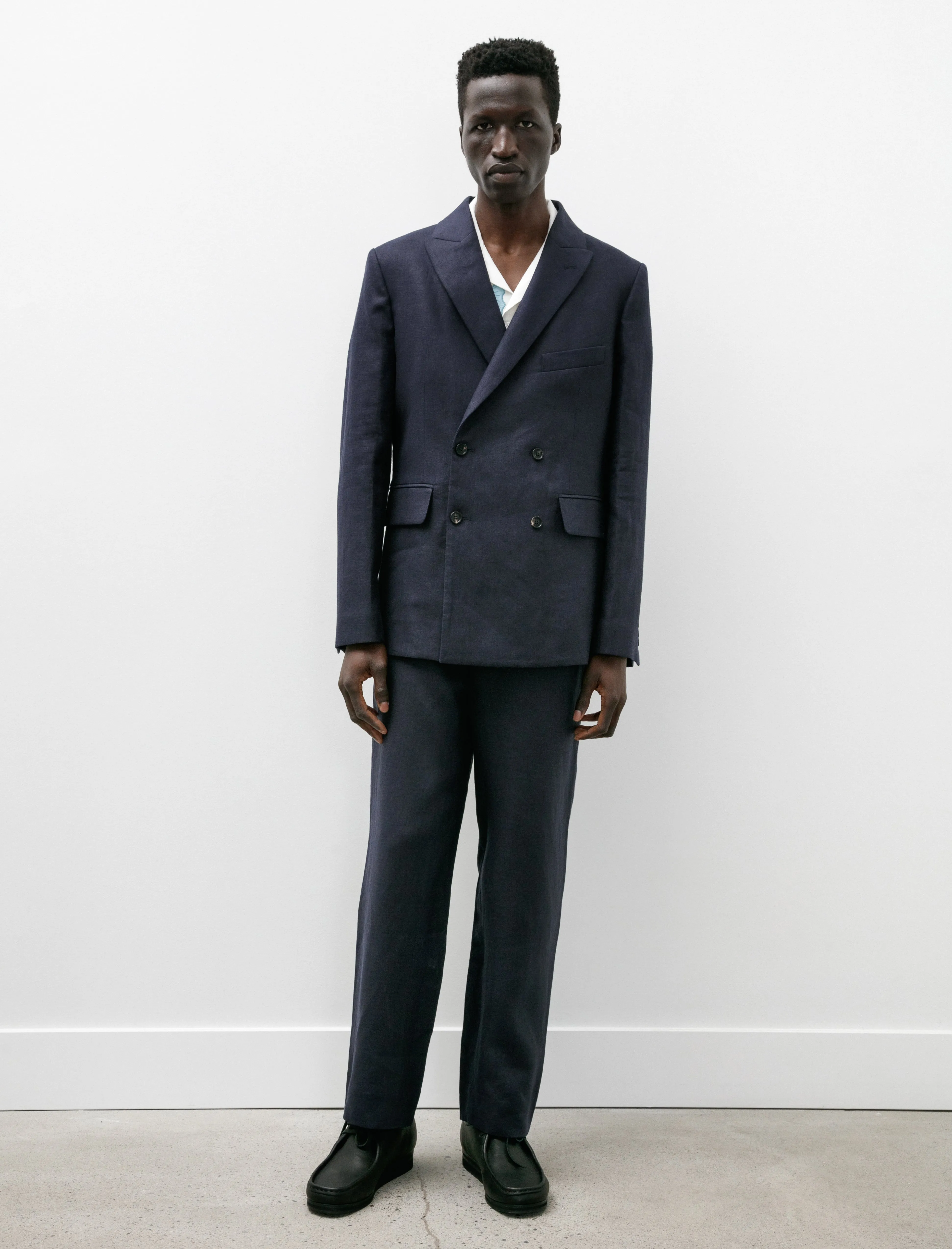 Linen Double Breasted Suit Jacket Navy