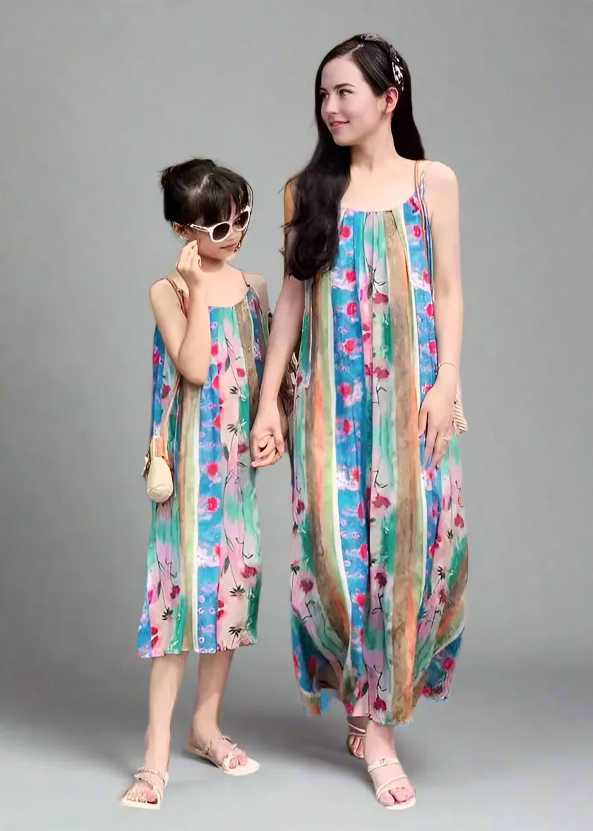 Matching Mommy & Me Colorful Watercolor Maxi Dresses  Sleeveless Summer Dress Set