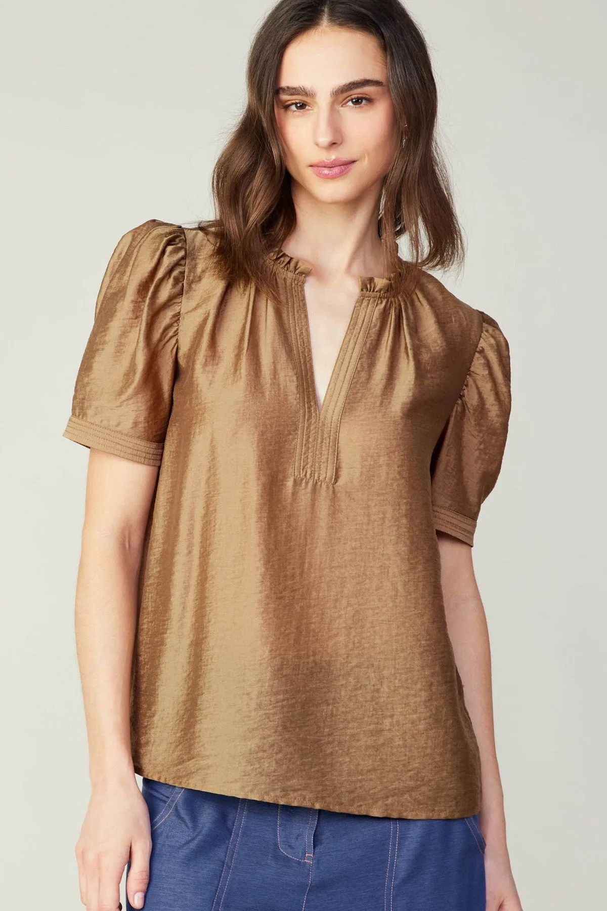 Split Neck Blouse with Ruffle Detail